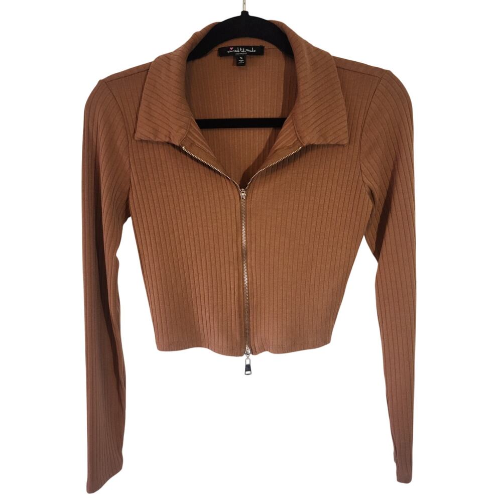 Mixed Thread Brown Long Sleeve Crop Stretch Top with Zipper Size S